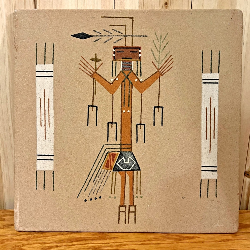 Vintage Southwest Sand Art Tile 12x12 Native American Yei Figure Wall Decor